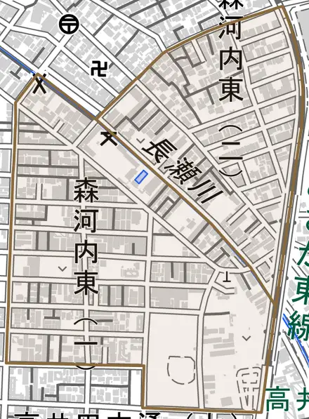 森河内東とその周辺の地図。町の範囲を重ねている