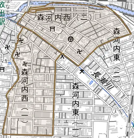 森河内西とその周辺の地図。町の範囲を重ねている