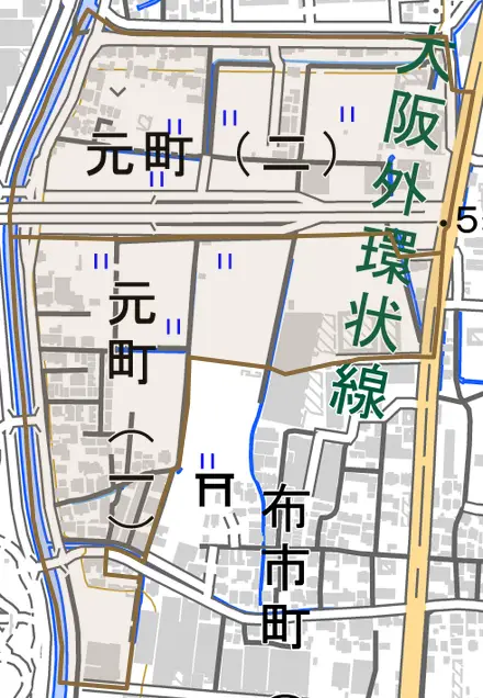 元町とその周辺の地図。町の範囲を重ねている