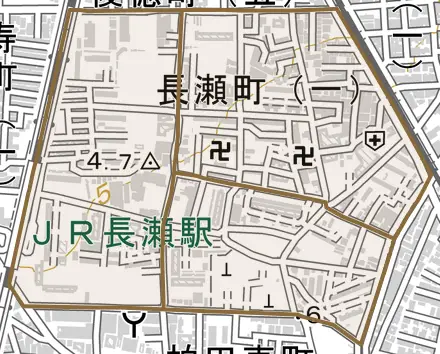長瀬町とその周辺の地図。町の範囲を重ねている