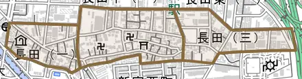 長田とその周辺の地図。町の範囲を重ねている