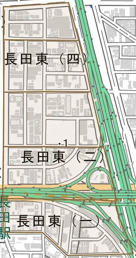長田東とその周辺の地図。町の範囲を重ねている