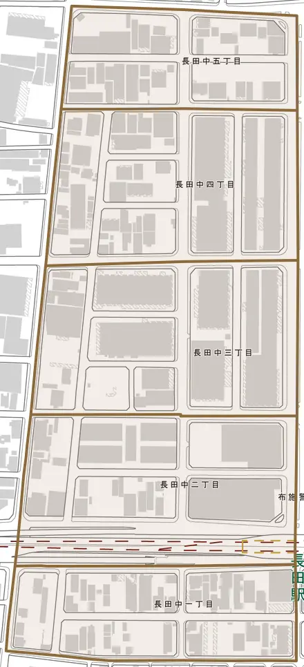 長田中とその周辺の地図。町の範囲を重ねている