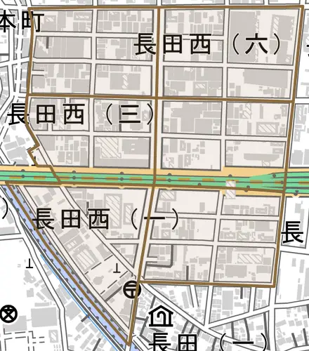 長田西とその周辺の地図。町の範囲を重ねている