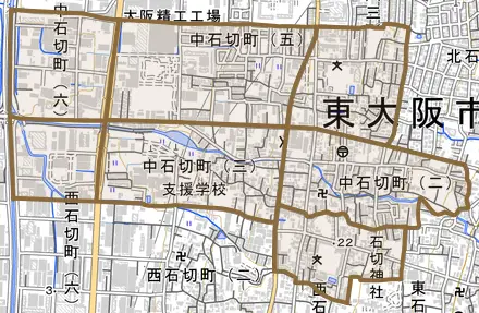中石切町とその周辺の地図。町の範囲を重ねている