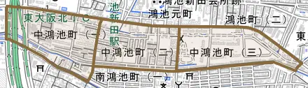 中鴻池町とその周辺の地図。町の範囲を重ねている