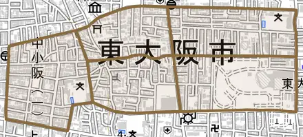 中小阪とその周辺の地図。町の範囲を重ねている