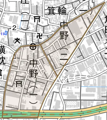 中野とその周辺の地図。町の範囲を重ねている