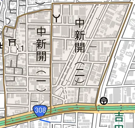 中新開とその周辺の地図。町の範囲を重ねている