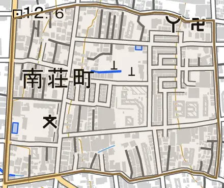 南荘町とその周辺の地図。町の範囲を重ねている