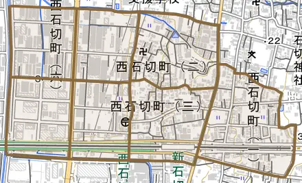 西石切町とその周辺の地図。町の範囲を重ねている
