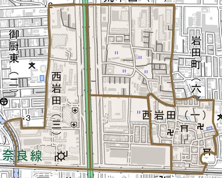 西岩田とその周辺の地図。町の範囲を重ねている