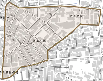 西上小阪とその周辺の地図。町の範囲を重ねている