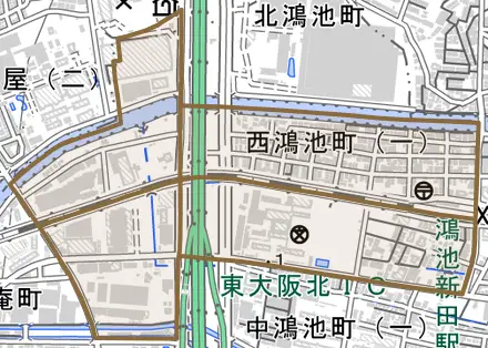 西鴻池町とその周辺の地図。町の範囲を重ねている