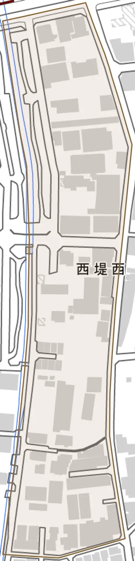 西堤西とその周辺の地図。町の範囲を重ねている