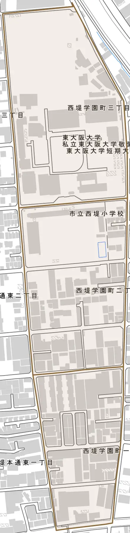 西堤学園町とその周辺の地図。町の範囲を重ねている