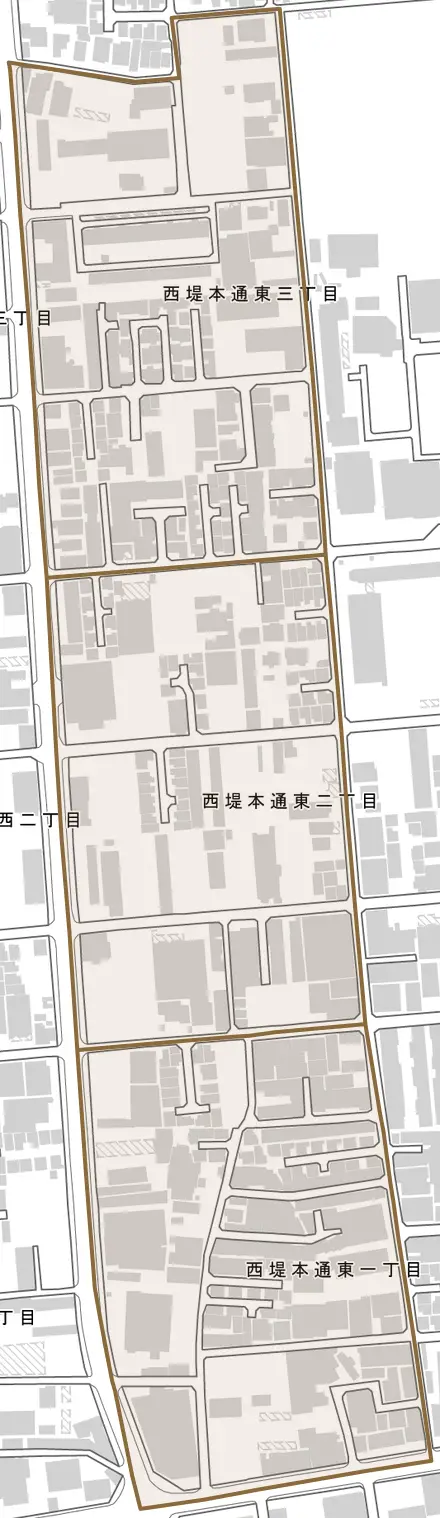 西堤本通東とその周辺の地図。町の範囲を重ねている