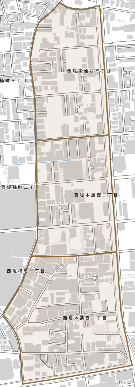 西堤本通西とその周辺の地図。町の範囲を重ねている