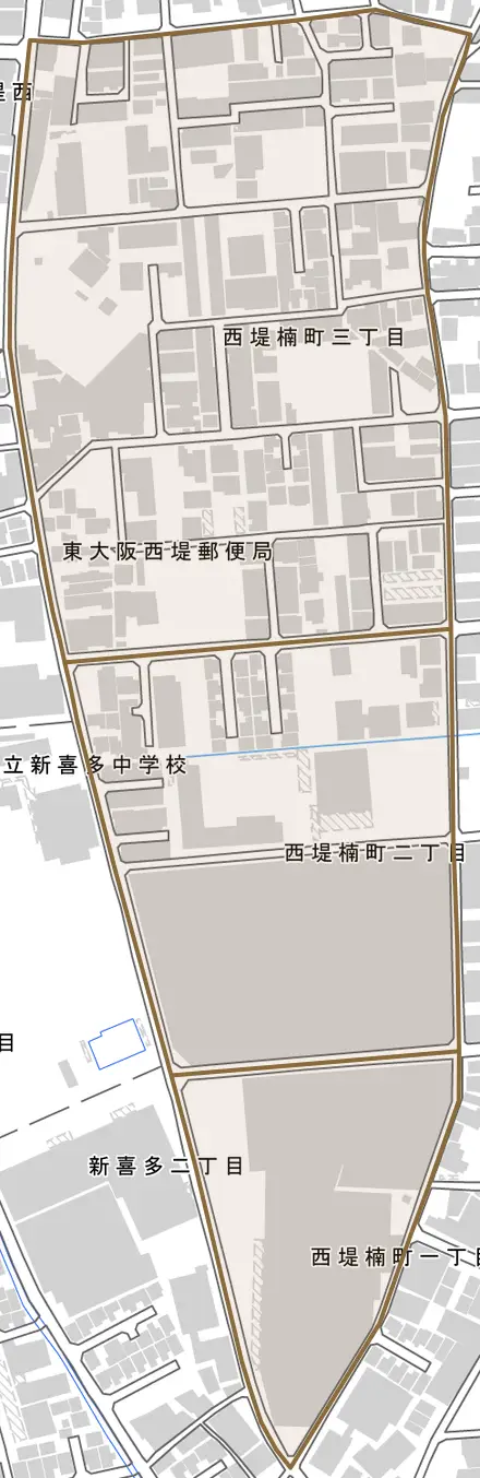 西堤楠町とその周辺の地図。町の範囲を重ねている