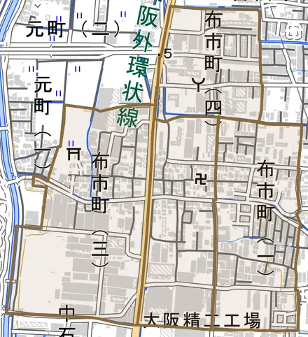 布市町とその周辺の地図。町の範囲を重ねている