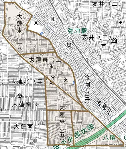 大蓮東とその周辺の地図。町の範囲を重ねている