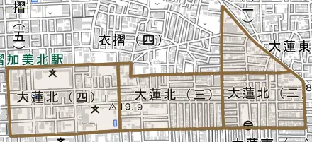大蓮北とその周辺の地図。町の範囲を重ねている