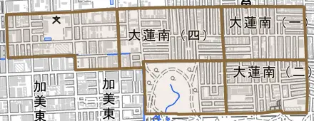 大蓮南とその周辺の地図。町の範囲を重ねている