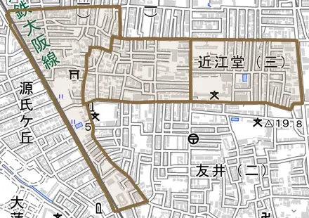 近江堂とその周辺の地図。町の範囲を重ねている