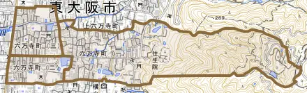 六万寺町とその周辺の地図。町の範囲を重ねている