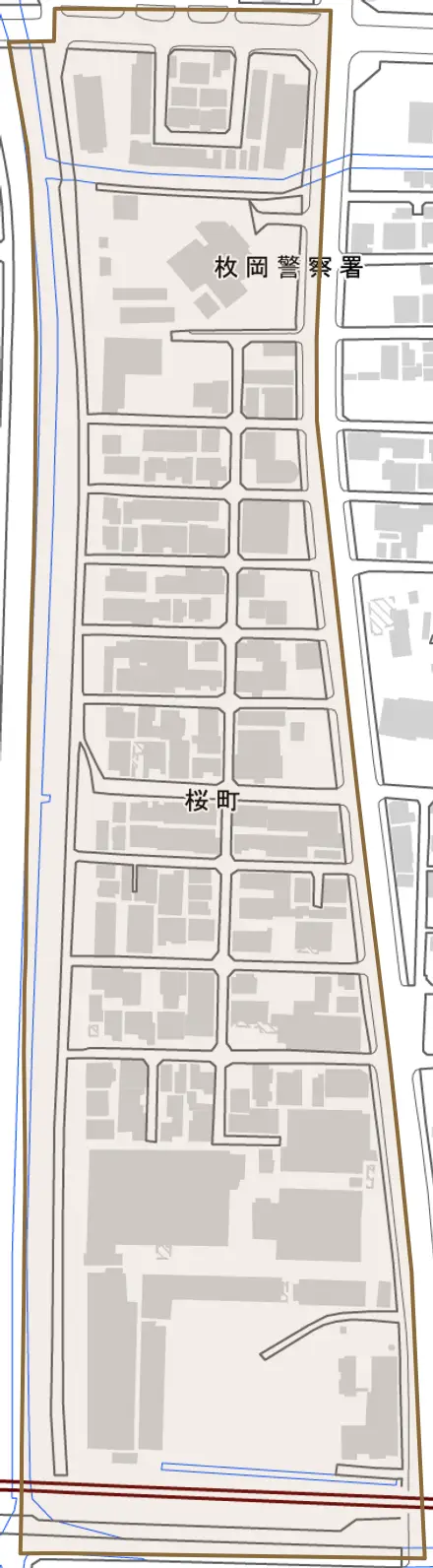 桜町とその周辺の地図。町の範囲を重ねている