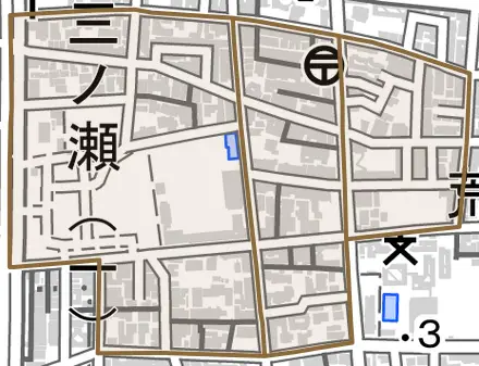 三ノ瀬とその周辺の地図。町の範囲を重ねている