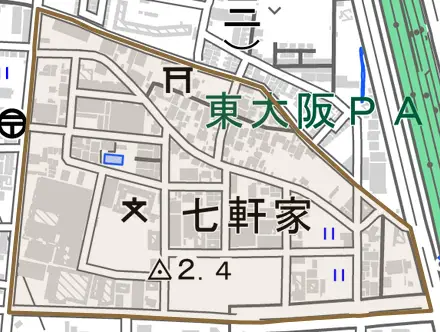 七軒家とその周辺の地図。町の範囲を重ねている