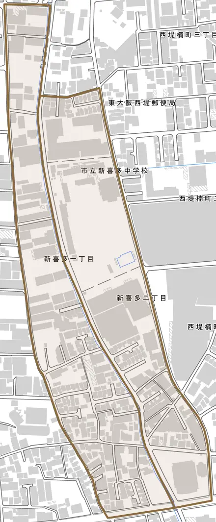 新喜多とその周辺の地図。町の範囲を重ねている