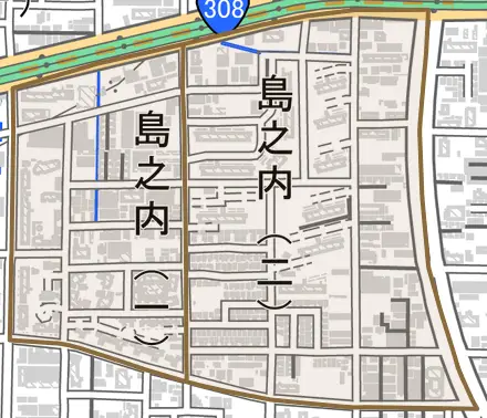 島之内とその周辺の地図。町の範囲を重ねている