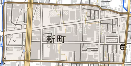 新町とその周辺の地図。町の範囲を重ねている