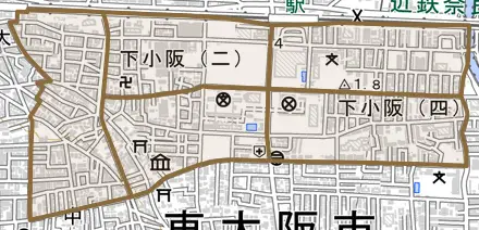 下小阪とその周辺の地図。町の範囲を重ねている