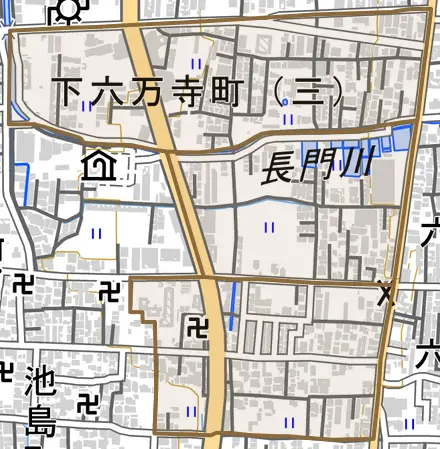 下六万寺町とその周辺の地図。町の範囲を重ねている