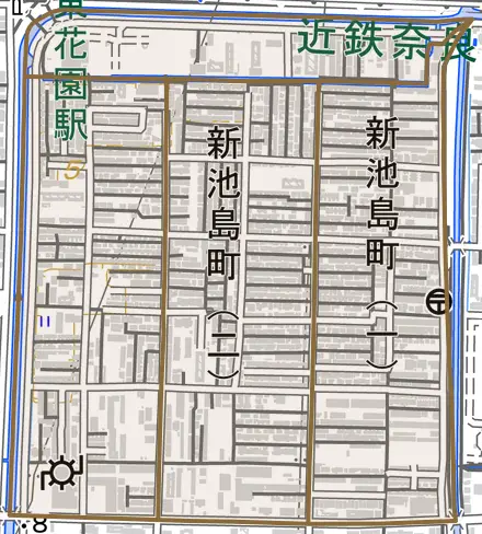 新池島町とその周辺の地図。町の範囲を重ねている