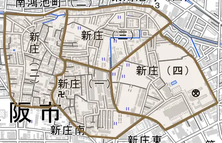 新庄とその周辺の地図。町の範囲を重ねている