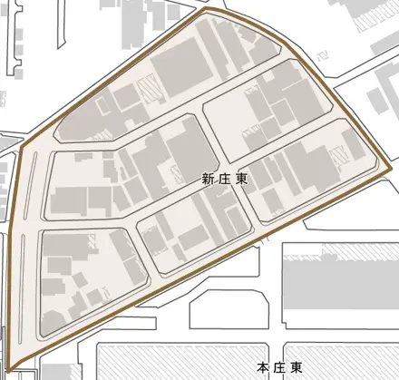 新庄東とその周辺の地図。町の範囲を重ねている