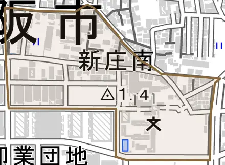 新庄南とその周辺の地図。町の範囲を重ねている