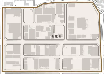 新庄西とその周辺の地図。町の範囲を重ねている