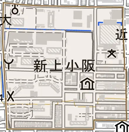 新上小阪とその周辺の地図。町の範囲を重ねている