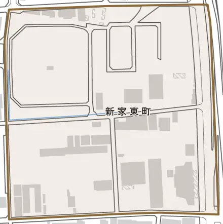 新家東町とその周辺の地図。町の範囲を重ねている