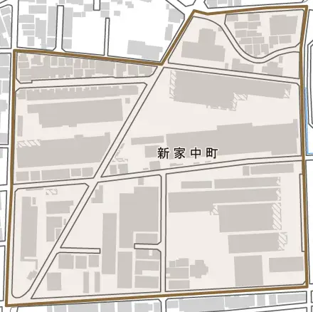 新家中町とその周辺の地図。町の範囲を重ねている