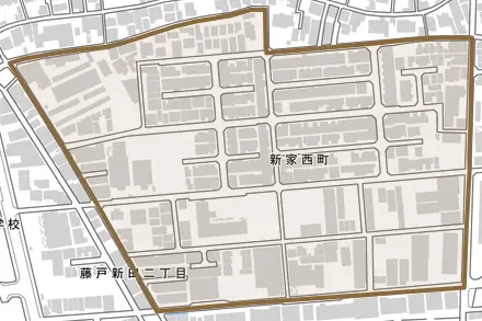 新家西町とその周辺の地図。町の範囲を重ねている