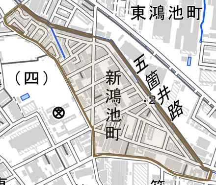 新鴻池町とその周辺の地図。町の範囲を重ねている