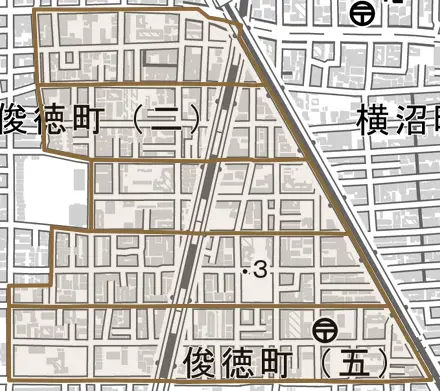 俊徳町とその周辺の地図。町の範囲を重ねている