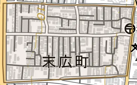 末広町とその周辺の地図。町の範囲を重ねている