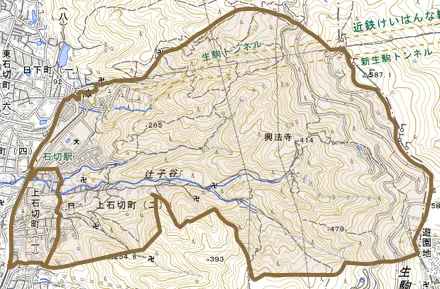 上石切町とその周辺の地図。町の範囲を重ねている